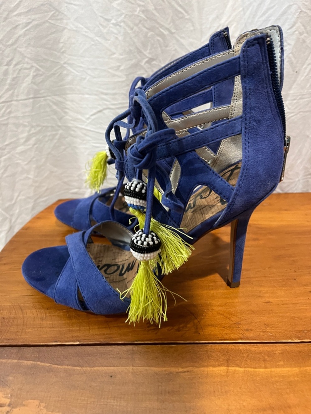 Sam Edelman Royal Blue Suede Lace-Up Heels with Neon Yellow Tassels - Picture 2 of 4